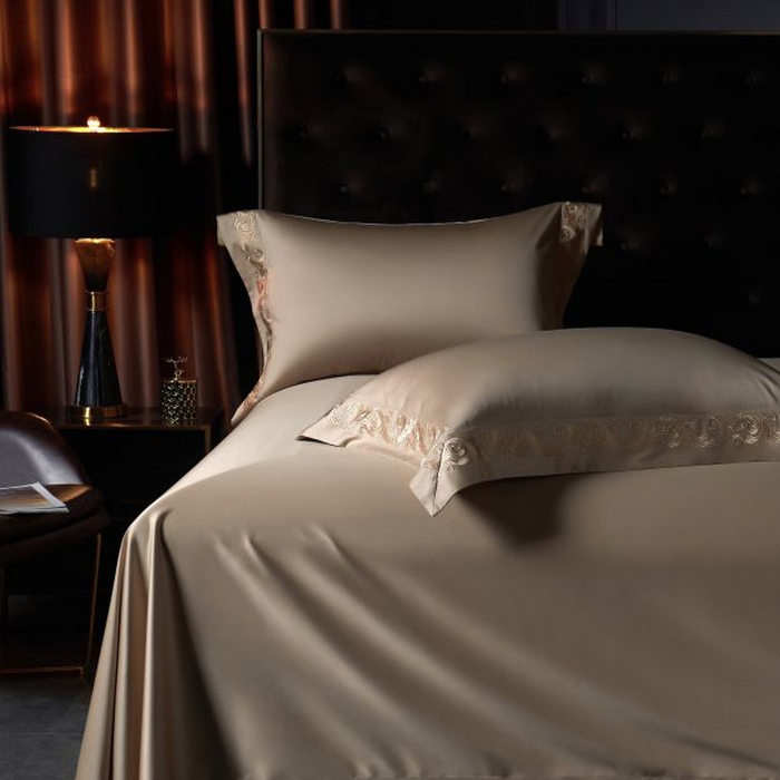 91家纺网 家纺一手货源 找家纺 缔缦 2024新款定织新布种S140重磅刺绣四件套-罗莎 卡其