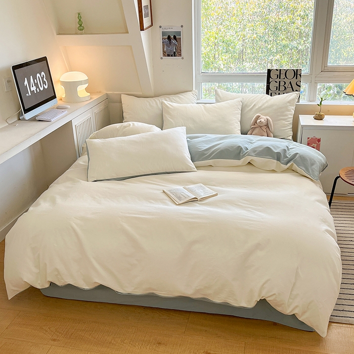 91家纺网 家纺一手货源 找家纺 米粒  2024新款纯色简约双拼磨毛四件套 奶白+天蓝