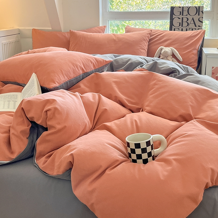 91家纺网 家纺一手货源 找家纺 米粒  2024新款纯色简约双拼磨毛四件套 甜曲奇+石岩灰