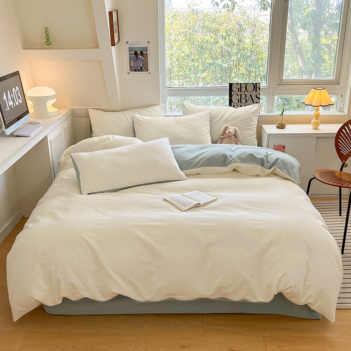 91家纺网 家纺一手货源 找家纺 米粒  2024新款纯色简约双拼磨毛四件套 奶白+天蓝