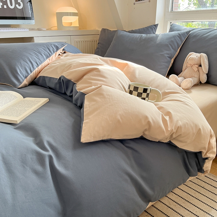 91家纺网 家纺一手货源 找家纺 米粒  2024新款纯色简约双拼磨毛四件套 晴空+咖