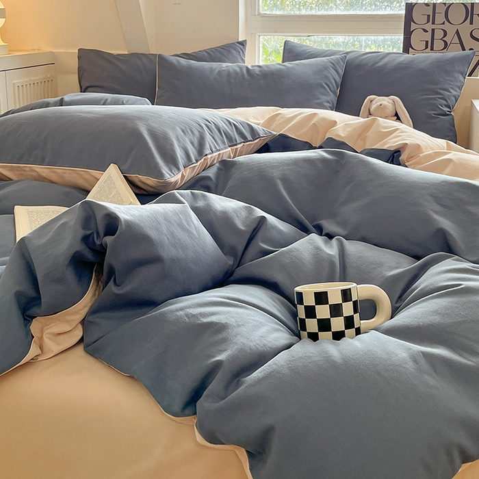 91家纺网 家纺一手货源 找家纺 米粒  2024新款纯色简约双拼磨毛四件套 晴空+咖