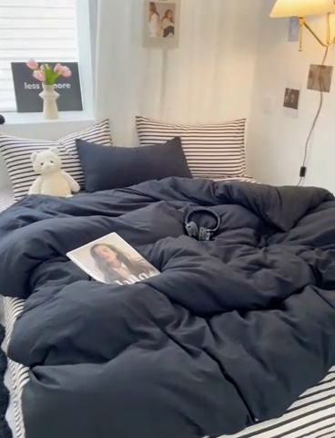 91家纺网 家纺一手货源 找家纺 耀达家居 2024新款ins 纯色双拼条纹水洗棉四件套 酷黑