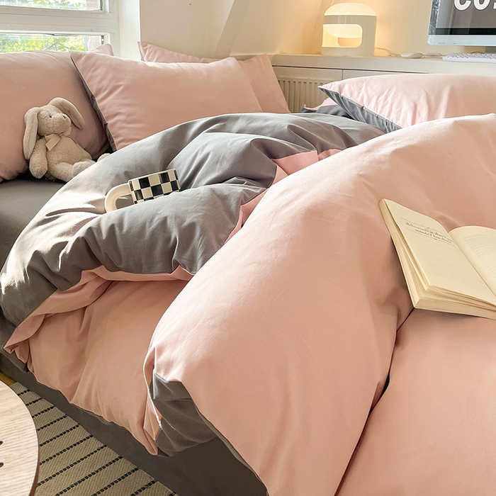 91家纺网 家纺一手货源 找家纺 米粒  2024新款纯色简约双拼磨毛四件套 蔷薇+岩石灰