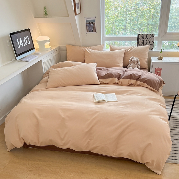 91家纺网 家纺一手货源 找家纺 米粒  2024新款纯色简约双拼磨毛四件套 咖+奶咖