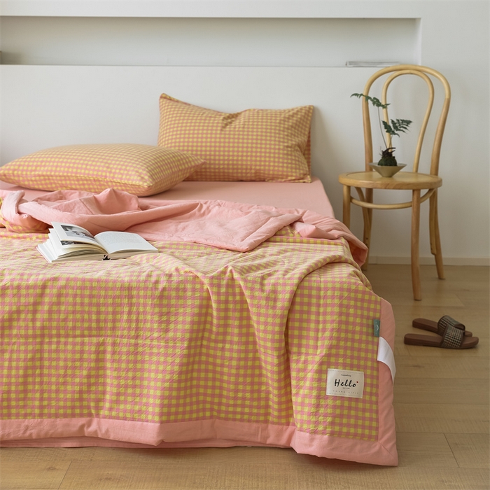 91家纺网 家纺一手货源 找家纺 【直播爆款】24新品A类抗菌全棉色织水洗棉夏被四件套夏凉被空调被-粉黄小格