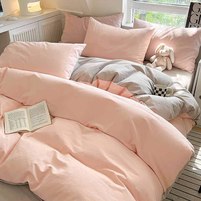 91家纺网 家纺一手货源 找家纺 米粒  2024新款纯色简约双拼磨毛四件套 粉雨+咖