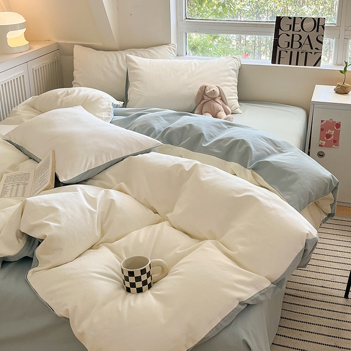 91家纺网 家纺一手货源 找家纺 米粒  2024新款纯色简约双拼磨毛四件套 奶白+天蓝