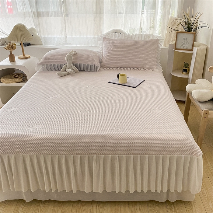 91家纺网 家纺一手货源 找家纺 鑫姿席业 2025新款A类抗菌冰豆豆床裙款凉席-花朵系列 蜜桃粉