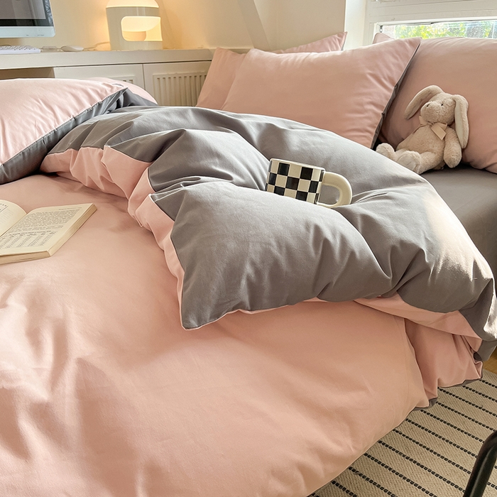 91家纺网 家纺一手货源 找家纺 米粒  2024新款纯色简约双拼磨毛四件套 蔷薇+岩石灰