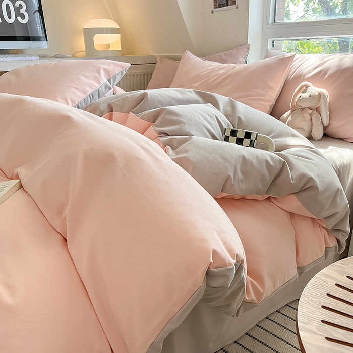 91家纺网 家纺一手货源 找家纺 米粒  2024新款纯色简约双拼磨毛四件套 粉雨+咖