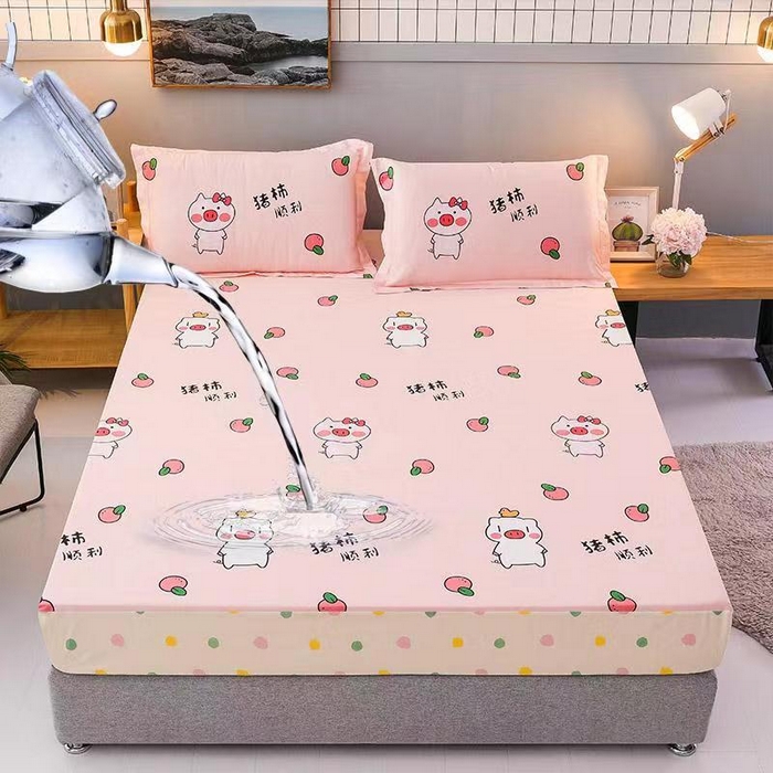 91家纺网 家纺一手货源 找家纺 床笠人家 2025新款全棉印花防水床笠防水隔尿透气-印花防水床笠 猪柿顺利