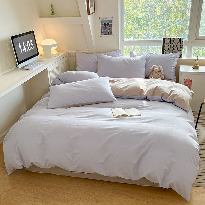 91家纺网 家纺一手货源 找家纺 米粒  2024新款纯色简约双拼磨毛四件套 紫雾+大麦灰