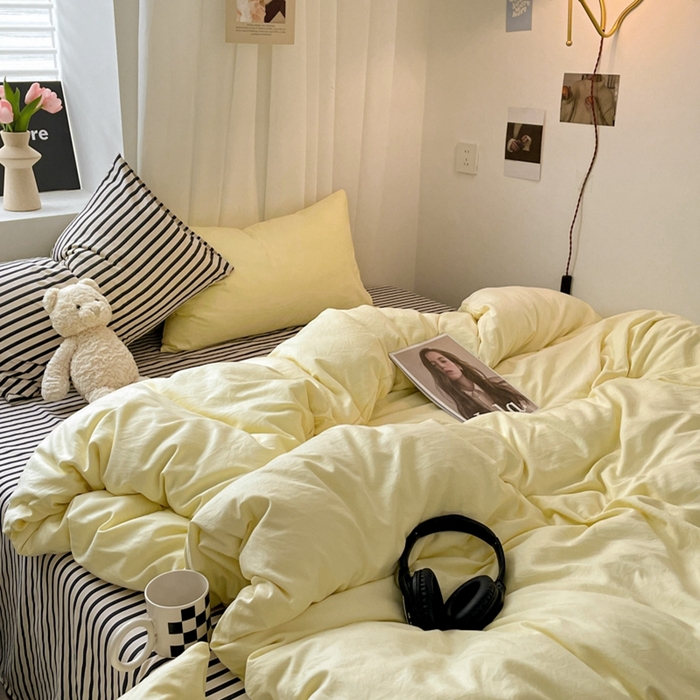 91家纺网 家纺一手货源 找家纺 耀达家居 2024新款ins 纯色双拼条纹水洗棉四件套 芝士