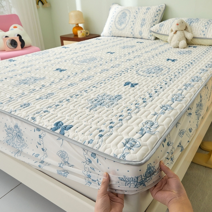 91家纺网 家纺一手货源 找家纺 LIFE.丽芙 2024年新品0.4乳胶凉席加厚床笠款三件套图片一 浪漫庄园-蓝