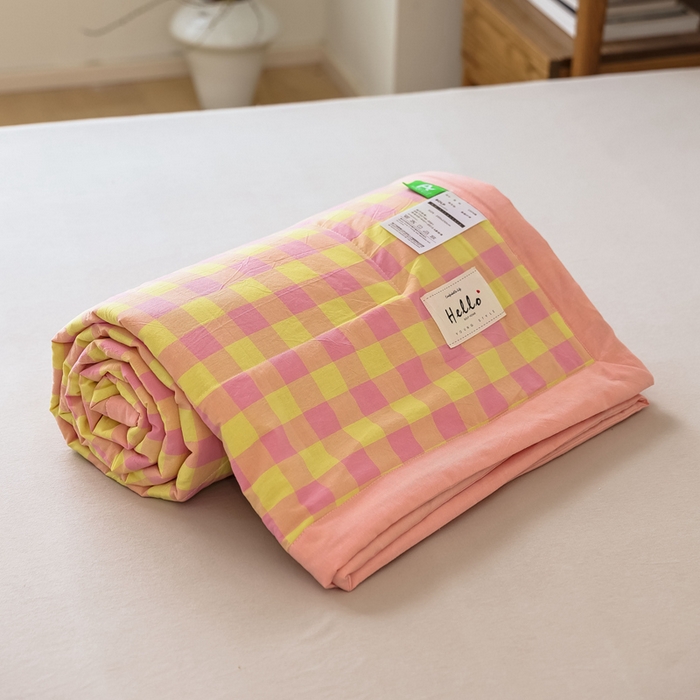 91家纺网 家纺一手货源 找家纺 【直播爆款】24新品A类抗菌全棉色织水洗棉夏被四件套夏凉被空调被-粉黄中格