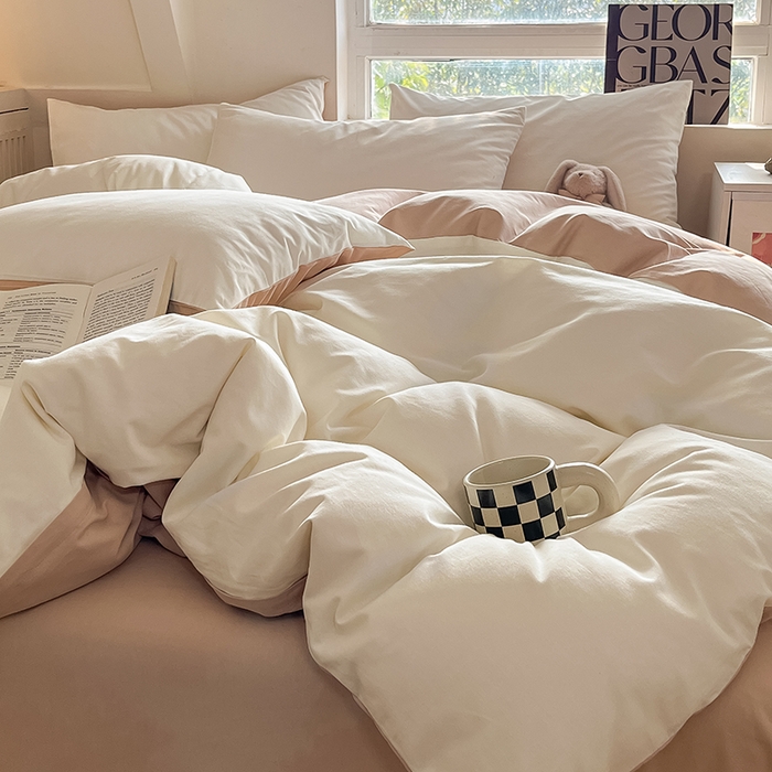 91家纺网 家纺一手货源 找家纺 米粒  2024新款纯色简约双拼磨毛四件套 奶白+咖