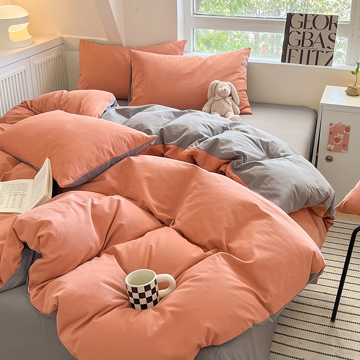 91家纺网 家纺一手货源 找家纺 米粒  2024新款纯色简约双拼磨毛四件套 甜曲奇+石岩灰