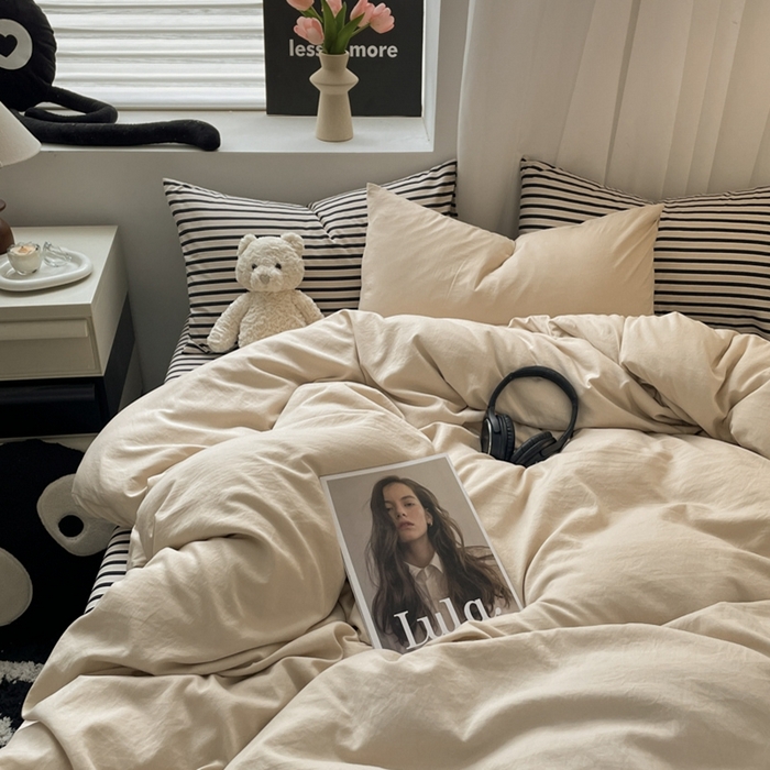 91家纺网 家纺一手货源 找家纺 耀达家居 2024新款ins 纯色双拼条纹水洗棉四件套 奶茶