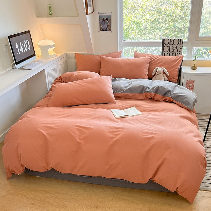 91家纺网 家纺一手货源 找家纺 米粒  2024新款纯色简约双拼磨毛四件套 甜曲奇+石岩灰