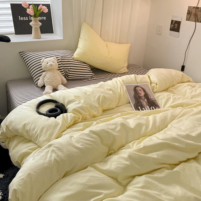 91家纺网 家纺一手货源 找家纺 耀达家居 2024新款ins 纯色双拼条纹水洗棉四件套 芝士