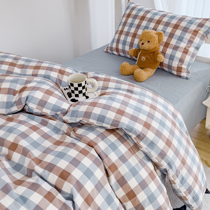 91家纺网 家纺一手货源 找家纺 久典家居 2024新款A类全棉学生款三件套 中格蓝