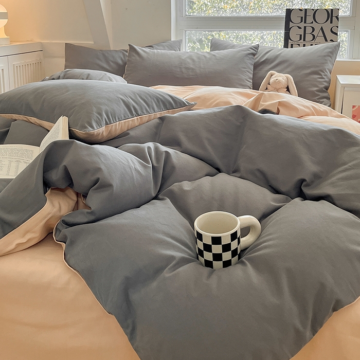 91家纺网 家纺一手货源 找家纺 米粒  2024新款纯色简约双拼磨毛四件套 岩石灰+奶咖