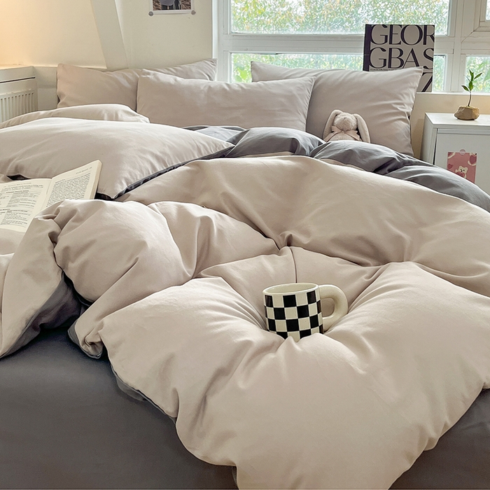 91家纺网 家纺一手货源 找家纺 米粒  2024新款纯色简约双拼磨毛四件套 大麦灰+岩石灰