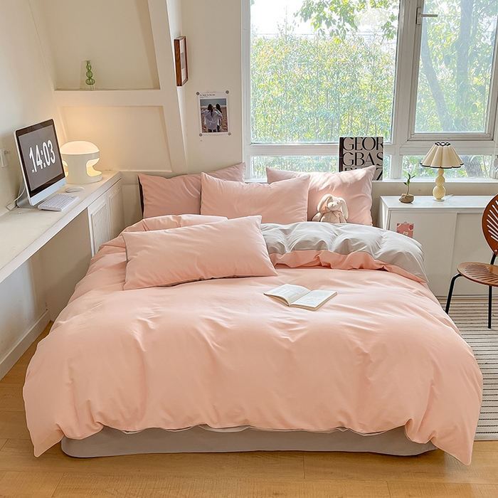 91家纺网 家纺一手货源 找家纺 米粒  2024新款纯色简约双拼磨毛四件套 粉雨+咖