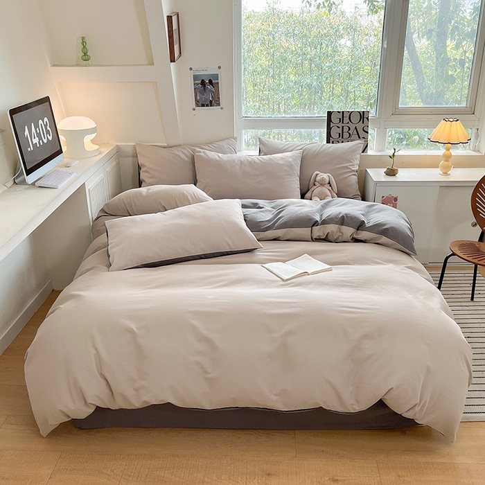 91家纺网 家纺一手货源 找家纺 米粒  2024新款纯色简约双拼磨毛四件套 大麦灰+岩石灰