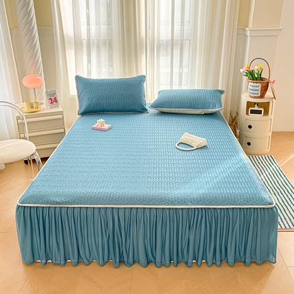 91家纺网 家纺一手货源 找家纺 伊人坊 2024新款A类凉感丝乳胶凉席床裙款床席 沧海蓝