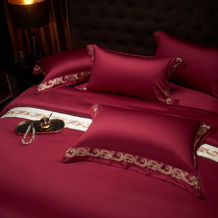 91家纺网 家纺一手货源 找家纺 缔缦 2024新款定织新布种S140重磅刺绣四件套-罗莎 酒红