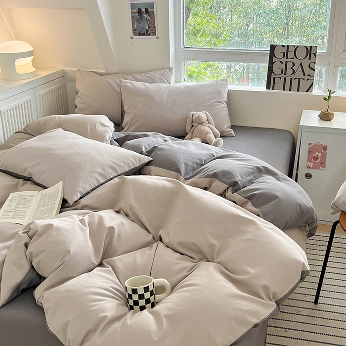 91家纺网 家纺一手货源 找家纺 米粒  2024新款纯色简约双拼磨毛四件套 大麦灰+岩石灰