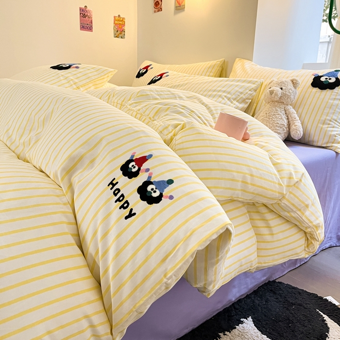 91家纺网 家纺一手货源 找家纺 呗旺鹿 2024新款小清新全棉四件套毛巾绣四件套纯棉四件套 黑煤球