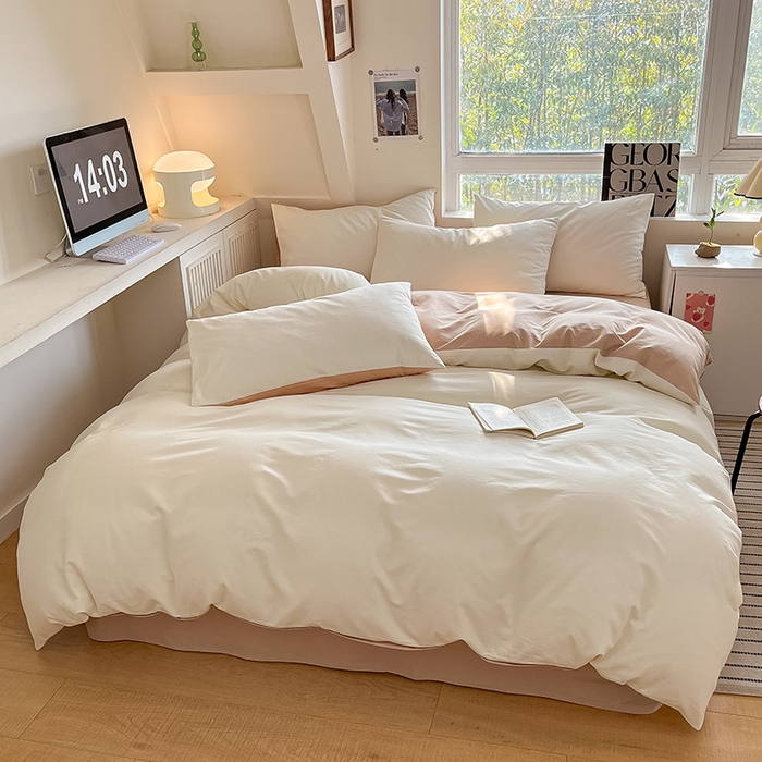 91家纺网 家纺一手货源 找家纺 米粒  2024新款纯色简约双拼磨毛四件套 奶白+咖