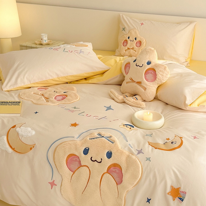 91家纺网 家纺一手货源 找家纺 （总）蜜柚 2024新款全棉水洗棉贴布绣工艺四件套送同款抱枕