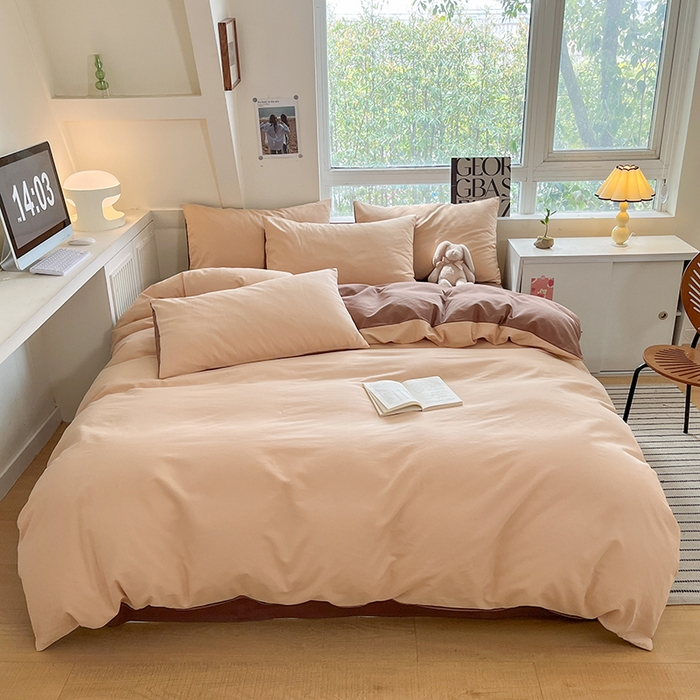 91家纺网 家纺一手货源 找家纺 米粒  2024新款纯色简约双拼磨毛四件套 咖+奶咖