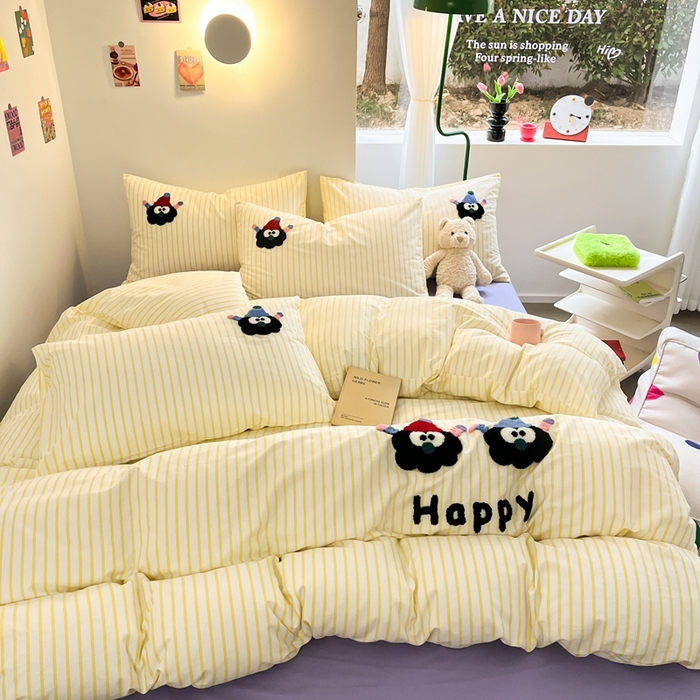 91家纺网 家纺一手货源 找家纺 呗旺鹿 2024新款小清新全棉四件套毛巾绣四件套纯棉四件套 黑煤球