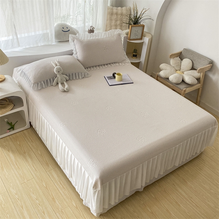 91家纺网 家纺一手货源 找家纺 鑫姿席业 2025新款A类抗菌冰豆豆床裙款凉席-花朵系列 柠檬黄