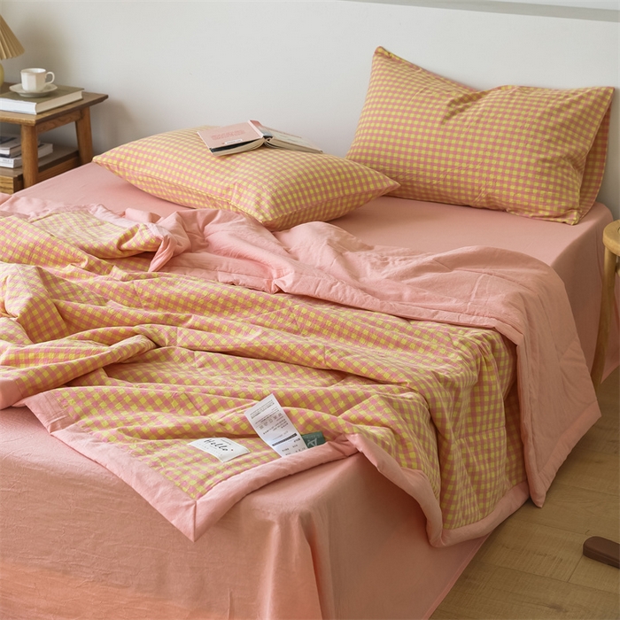 91家纺网 家纺一手货源 找家纺 【直播爆款】24新品A类抗菌全棉色织水洗棉夏被四件套夏凉被空调被-粉黄小格