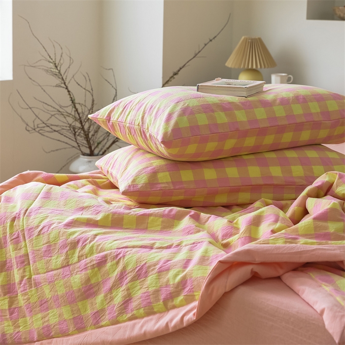 91家纺网 家纺一手货源 找家纺 【直播爆款】24新品A类抗菌全棉色织水洗棉夏被四件套夏凉被空调被-粉黄中格