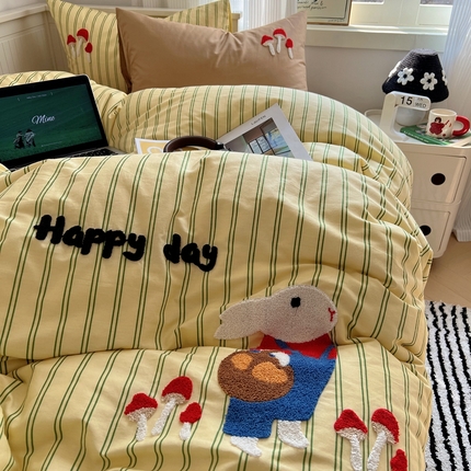 呗旺鹿 2024新款小清新全棉四件套毛巾绣四件套纯棉四件套 蘑菇小兔