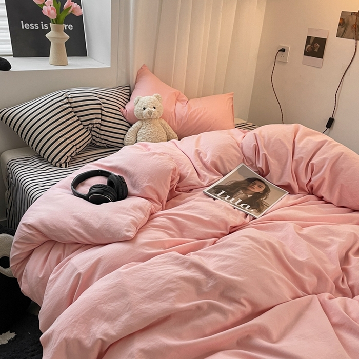 91家纺网 家纺一手货源 找家纺 耀达家居 2024新款ins 纯色双拼条纹水洗棉四件套 奶油粉