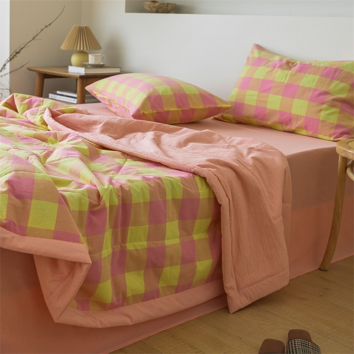 91家纺网 家纺一手货源 找家纺 【直播爆款】24新品A类抗菌全棉色织水洗棉夏被四件套夏凉被空调被-粉黄六分格