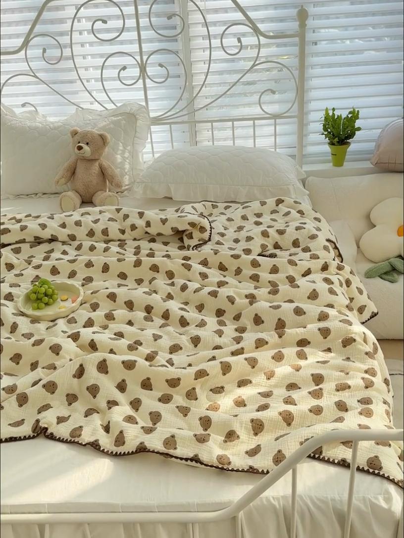 91家纺网 家纺一手货源 找家纺 芯恋 2025新款母婴级全棉皱皱纱儿童被双层纱夏被 可爱熊