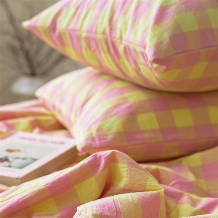 91家纺网 家纺一手货源 找家纺 【直播爆款】24新品A类抗菌全棉色织水洗棉夏被四件套夏凉被空调被-粉黄中格