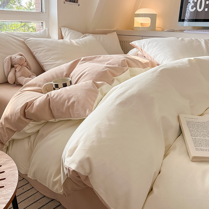 91家纺网 家纺一手货源 找家纺 米粒  2024新款纯色简约双拼磨毛四件套 奶白+咖