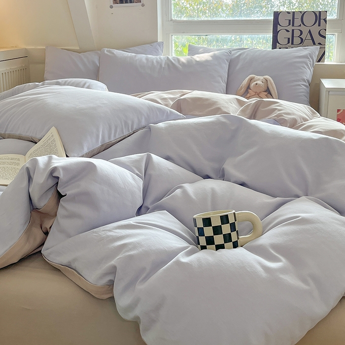 91家纺网 家纺一手货源 找家纺 米粒  2024新款纯色简约双拼磨毛四件套 紫雾+大麦灰