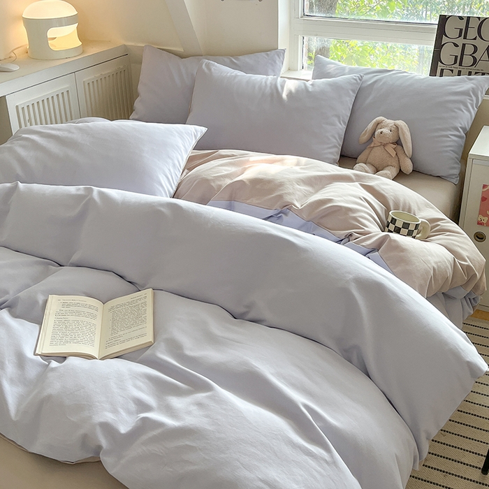 91家纺网 家纺一手货源 找家纺 米粒  2024新款纯色简约双拼磨毛四件套 紫雾+大麦灰