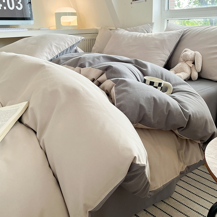 91家纺网 家纺一手货源 找家纺 米粒  2024新款纯色简约双拼磨毛四件套 大麦灰+岩石灰